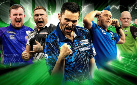 Promotional image from the Darts, various players with a green light effect background.