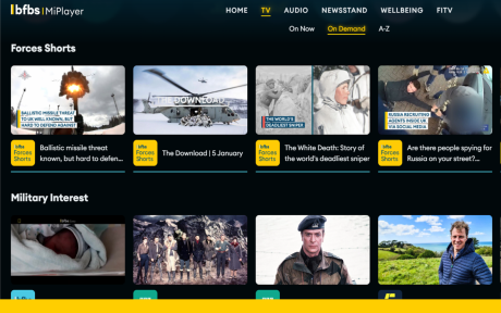 MiPlayer TV interface showing Forces Shorts and Military Sport