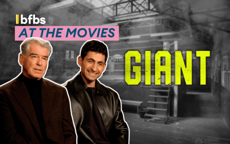Cut outs of actors Amir El-Nasry and Pierce Brosnan, background image of a gum. Text 'Giant'.