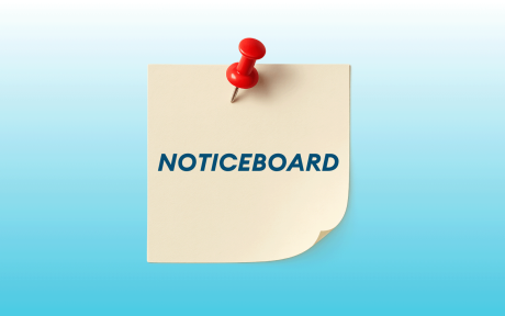 Pin in a piece of paper, text 'notice board'.