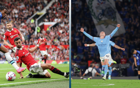 Action shot from Manchester United, Bruno Fernandes making a sliding tackle. Action shot from Manchester City, Phil Foden with arms in air.