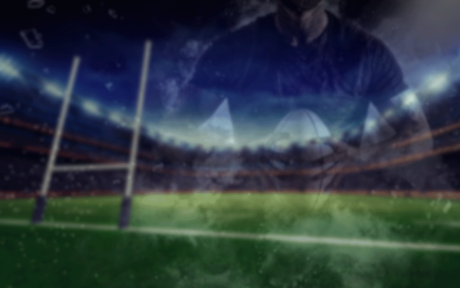 Image of a rugby pitch with an image of a rugby player holding a ball overlayed.