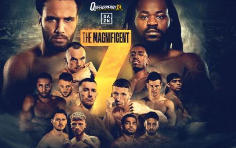 Promotional poster for a boxing event, various boxers collated together.