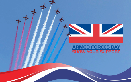 Image of red arrows flying in the sky, Union Jack Flag, text 'Armed Forces Day Show Your Support'.