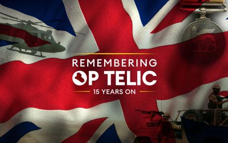 Union Jack Flag, holograms of a medal, tank and helicopter overlaying it. Text 'Remembering Op Telic 15 Years on'.