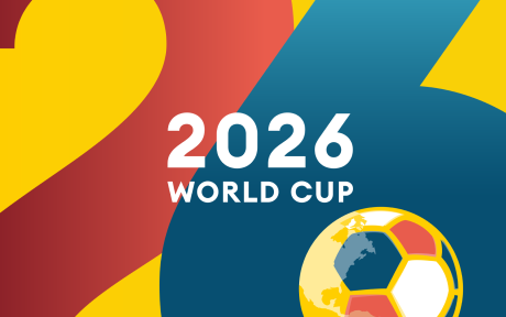 Yellow background with two giant numbers 2, in red, and 6, in blue. Text '2026 World Cup'.