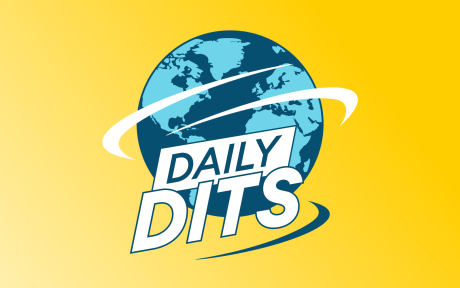 Digital icon of a globe with lines around it, text 'Daily Dits'.