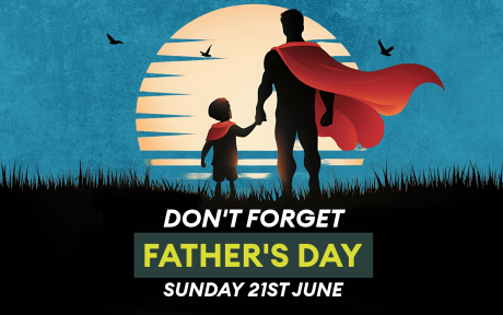 Super dad and son characters on sunset background. Text 'Don't forget Father's Day Sunday 21st June'.