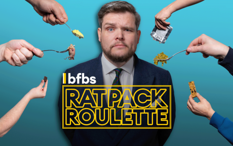 BFBS veteran Karl with various arms pointing at him holding different types of foods. Text, 'Rat Pack Roulette'.