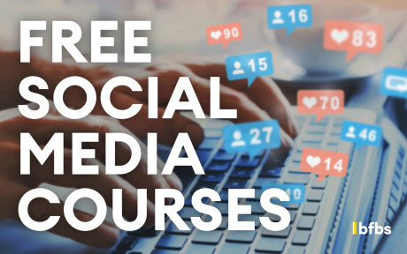 Image of someone typing at a keyboard, variety of social icons popping out. Text, 'Free Social Media Courses'.