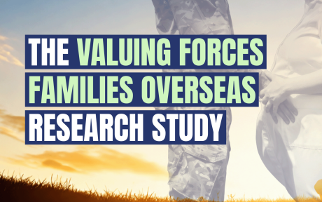 Sunset with an armed forces individual in the background. Text 'The valuing forces families overseas research study'.
