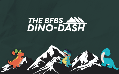 Duo green background, three mountains, digital dinosaurs.