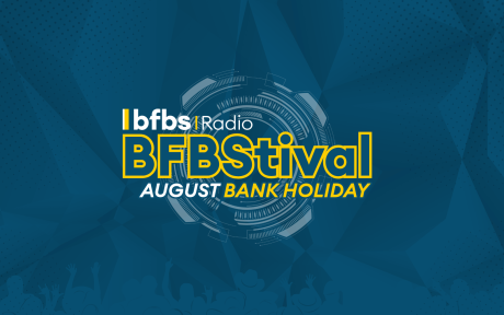 Duotoned blue background. Text 'BFBS Radio, BFBStival, August Bank Holiday'.