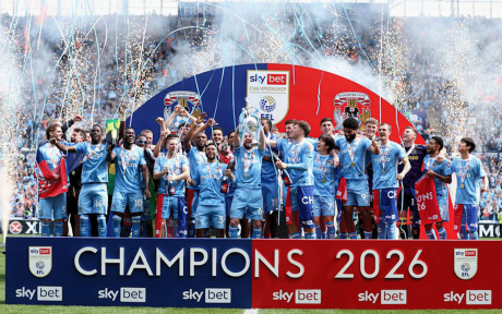 Coventry lifting the Championship trophy.