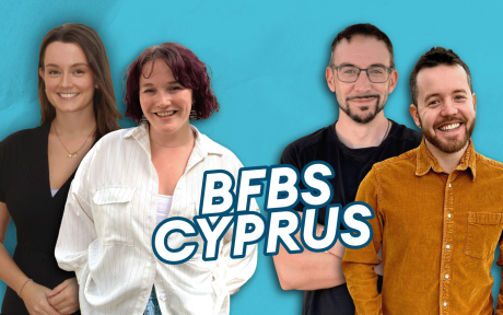 Presenter photos of Lucia Conway, Alice Vickey, Hal Stewart and Ryan Galpin, text 'BFBS Cyprus'.