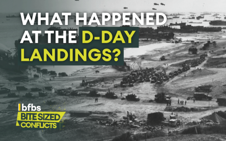 Artwork including imagery from Normandy beach. Text, 'What happened at the D-Day landings?'.