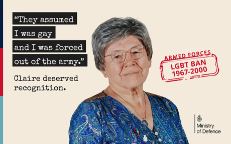 Beige background, woman looking camera, text 'They assumed I was gay and I was forced out of the army'.