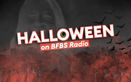 Spooky and haunted backdrop, silhouette of a face, text 'Halloween on BFBS Radio'.