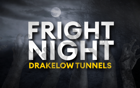 Fright Night 2022 artwork, ghostly backdrop, ghostly hand, text 'Fright Night'.