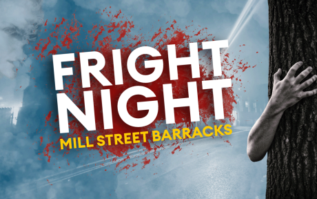 Spooky background, ghostly hand reaching from behind a tree. Text 'Fright Night'.