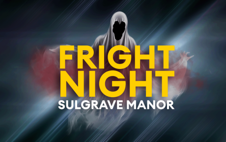 Fright Night 2023 artwork, ghostly backdrop, ghostly figure, text 'Fright Night'.