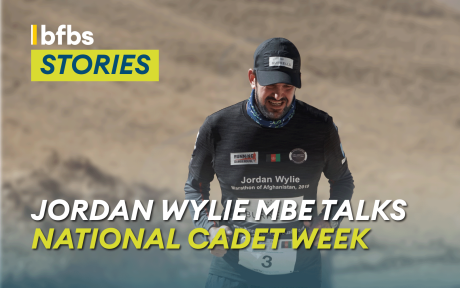 PR photo of Jordan Wylie MBE running. Text 'Jordan Wylie MBE talks National Cadet Week'.