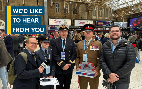 BFBS team at a train station for the poppy appeal, staff members and armed forces serving personnel.