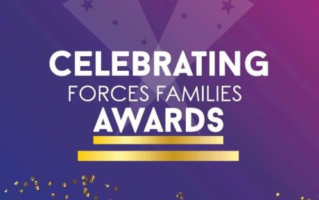 Purple backdrop, spotlights across page, text 'Celebrating Forces Families Awards'.