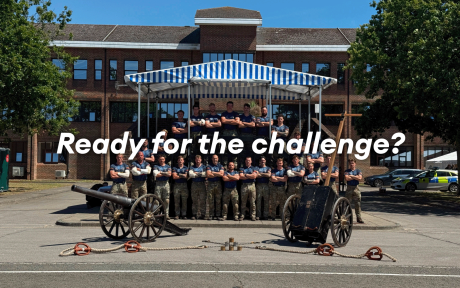 Wide photograph of the Royal Marines Field Gun crew, text 'ready for the challenge?'.